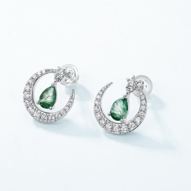 Pendientes con diseño de menisco de circonita blanca y ágata musgosa de Olivenorma