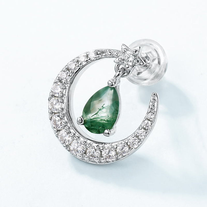 Pendientes con diseño de menisco de circonita blanca y ágata musgosa de Olivenorma