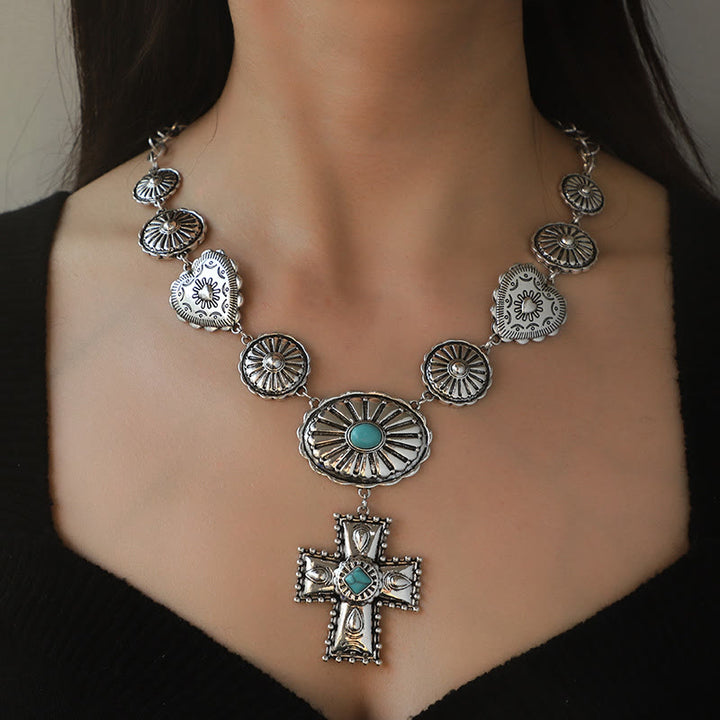 Conjunto de joyas de aleación con diseño de cruz de amor en plata antigua de Olivenorma