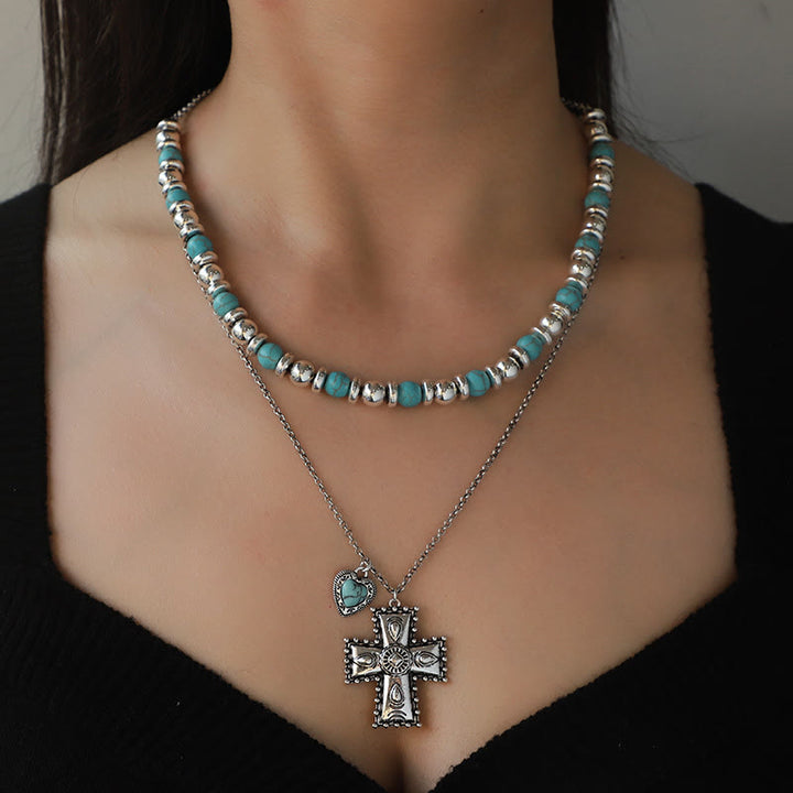 Conjunto de joyas de aleación con colgante de cruz y corazón de turquesa de Olivenorma