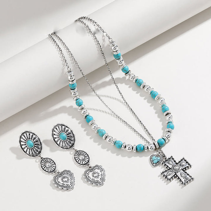Conjunto de joyas de aleación con colgante de cruz y corazón de turquesa de Olivenorma