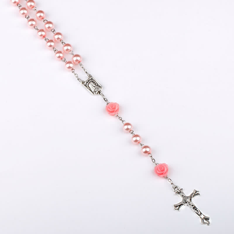 Collar rosario con medalla de Lourdes y rosa rosa de Olivenorma 
