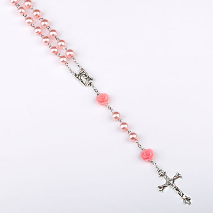 Collar rosario con medalla de Lourdes y rosa rosa de Olivenorma 