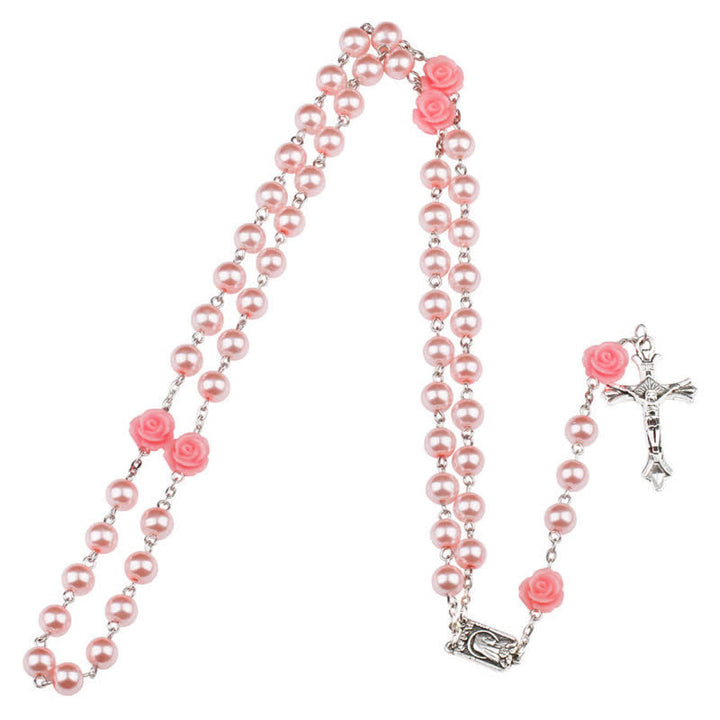 Collar rosario con medalla de Lourdes y rosa rosa de Olivenorma 