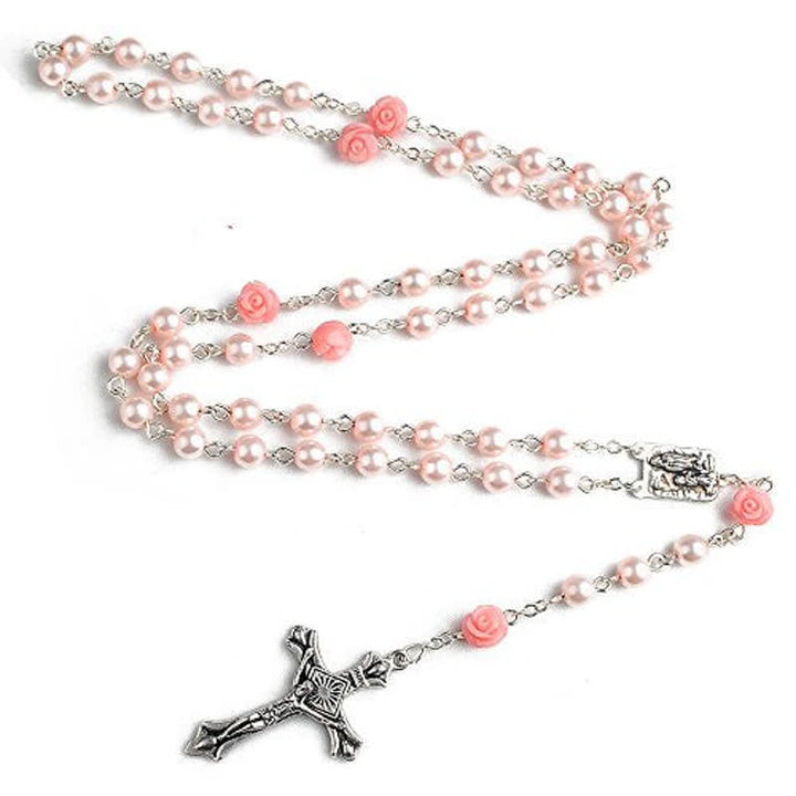 Collar rosario con medalla de Lourdes y rosa rosa de Olivenorma 