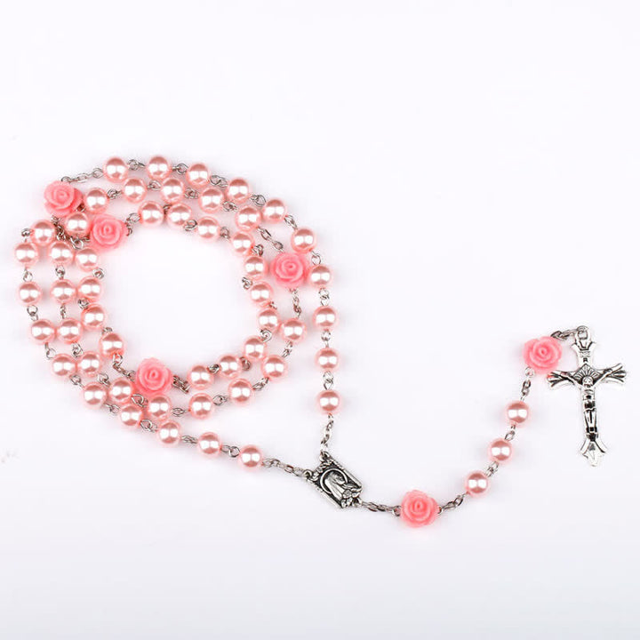 Collar rosario con medalla de Lourdes y rosa rosa de Olivenorma 