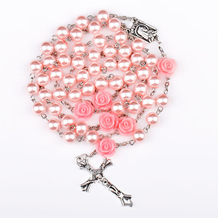 Collar rosario con medalla de Lourdes y rosa rosa de Olivenorma 