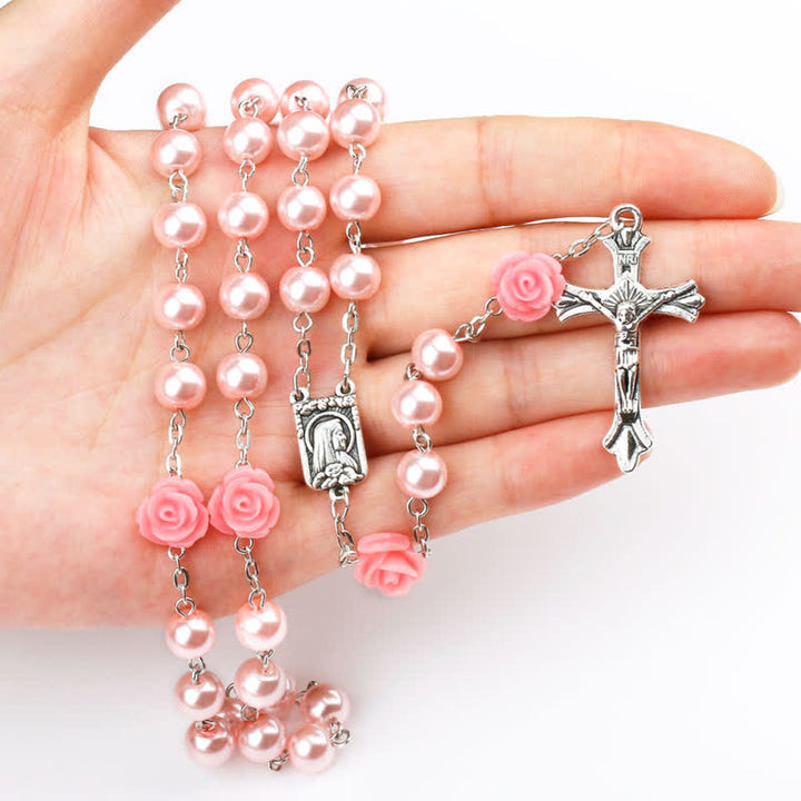 Collar rosario con medalla de Lourdes y rosa rosa de Olivenorma 