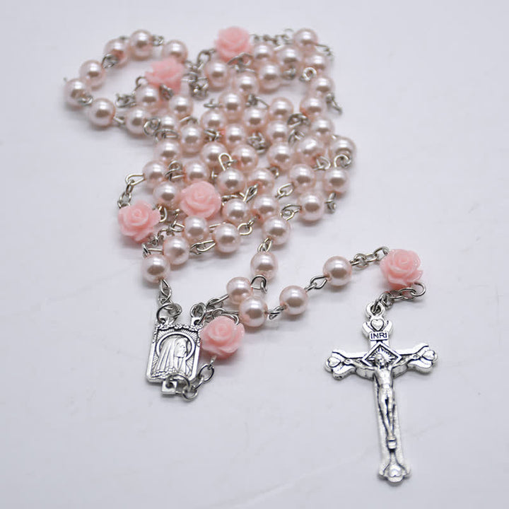 Collar rosario con medalla de Lourdes y rosa rosa de Olivenorma 