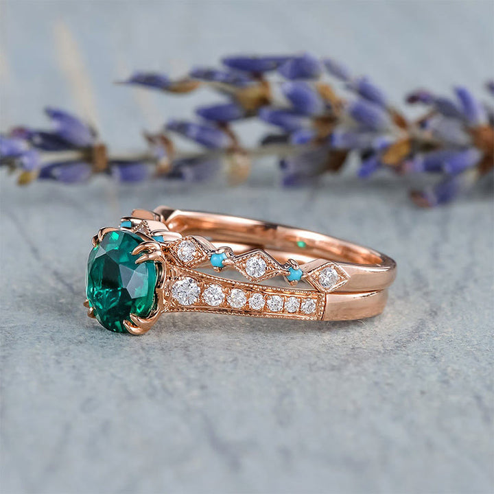 Juego de anillos de 2 piezas con turquesa y esmeralda "Soul Nourishment" de Olivenorma