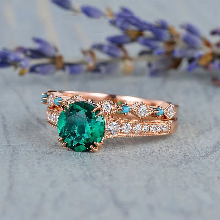 Juego de anillos de 2 piezas con turquesa y esmeralda "Soul Nourishment" de Olivenorma