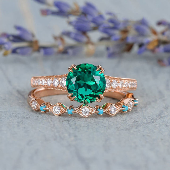 Juego de anillos de 2 piezas con turquesa y esmeralda "Soul Nourishment" de Olivenorma