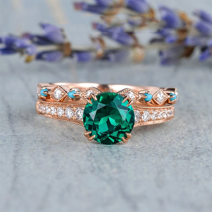 Juego de anillos de 2 piezas con turquesa y esmeralda "Soul Nourishment" de Olivenorma