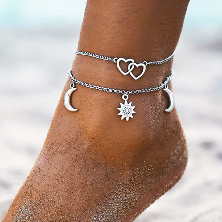 Tobillera de doble capa con colgante de sol, corazón y luna de aleación de Olivenorma