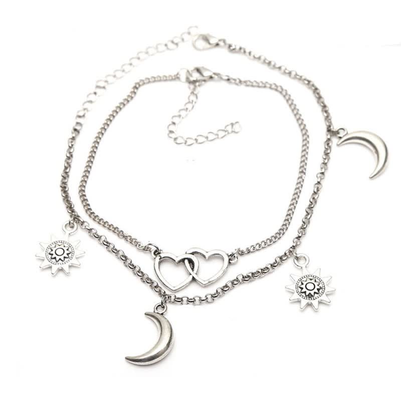 Tobillera de doble capa con colgante de sol, corazón y luna de aleación de Olivenorma