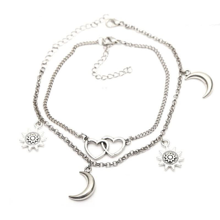 Tobillera de doble capa con colgante de sol, corazón y luna de aleación de Olivenorma