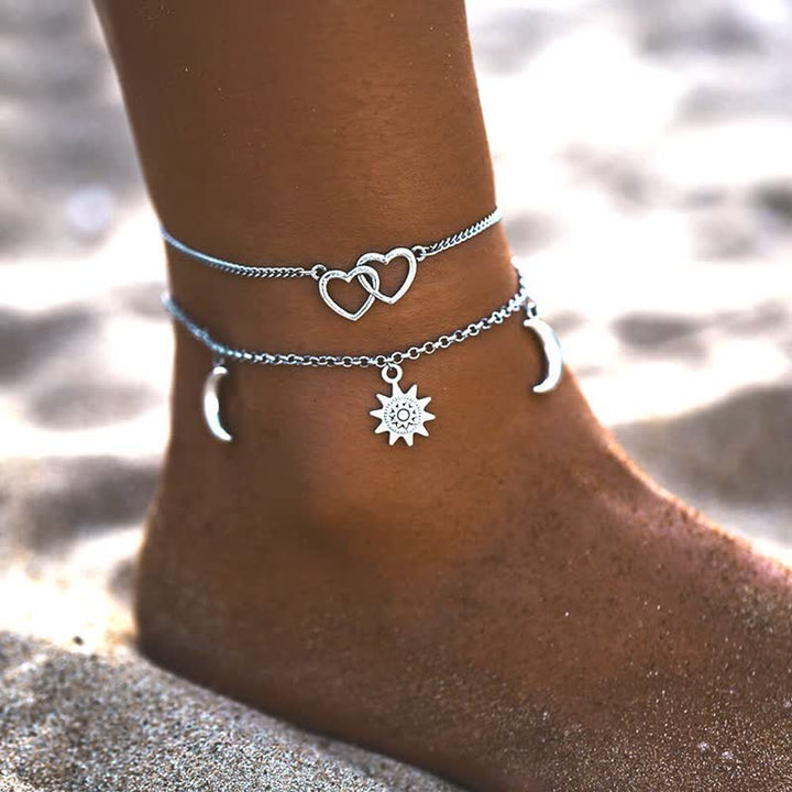 Tobillera de doble capa con colgante de sol, corazón y luna de aleación de Olivenorma