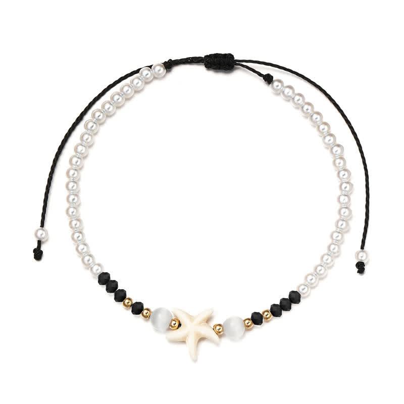 Tobillera tejida a mano con colgante de estrella de mar y perla de agua dulce de Olivenorma