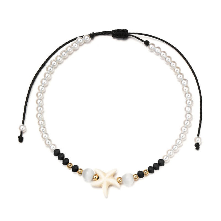 Tobillera tejida a mano con colgante de estrella de mar y perla de agua dulce de Olivenorma
