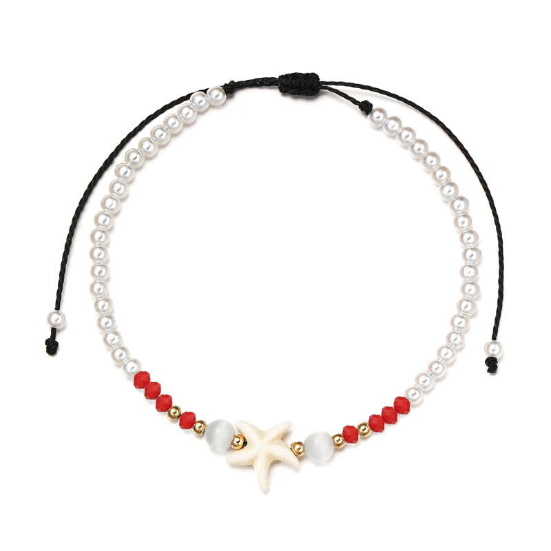 Tobillera tejida a mano con colgante de estrella de mar y perla de agua dulce de Olivenorma