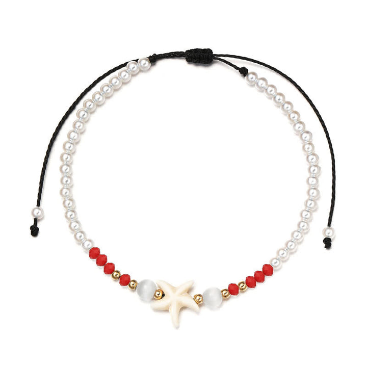 Tobillera tejida a mano con colgante de estrella de mar y perla de agua dulce de Olivenorma