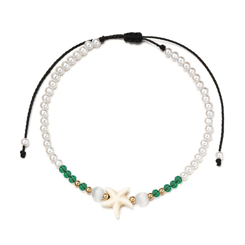 Tobillera tejida a mano con colgante de estrella de mar y perla de agua dulce de Olivenorma