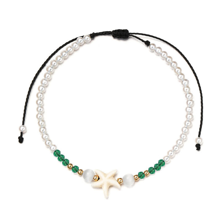 Tobillera tejida a mano con colgante de estrella de mar y perla de agua dulce de Olivenorma