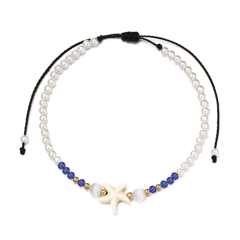 Tobillera tejida a mano con colgante de estrella de mar y perla de agua dulce de Olivenorma