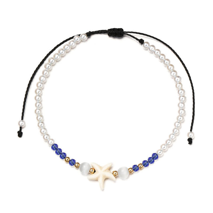Tobillera tejida a mano con colgante de estrella de mar y perla de agua dulce de Olivenorma