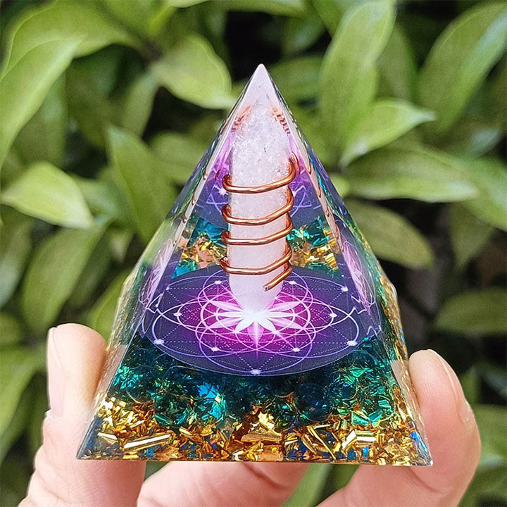 Olivenorma "La luz de la vida" - Pirámide de orgón de cristal blanco y esmalte azul