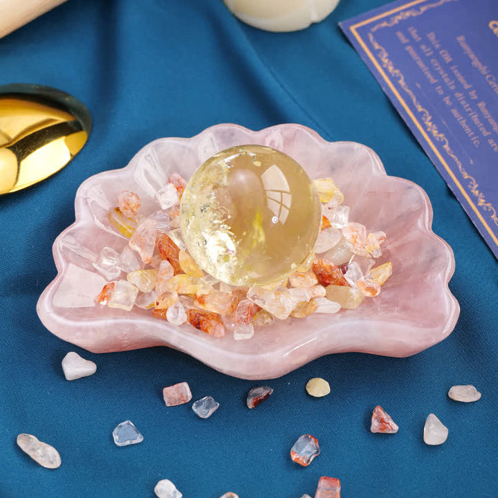 Adornos tallados en concha de cuarzo rosa de Olivenorma, cuenco de cristal 