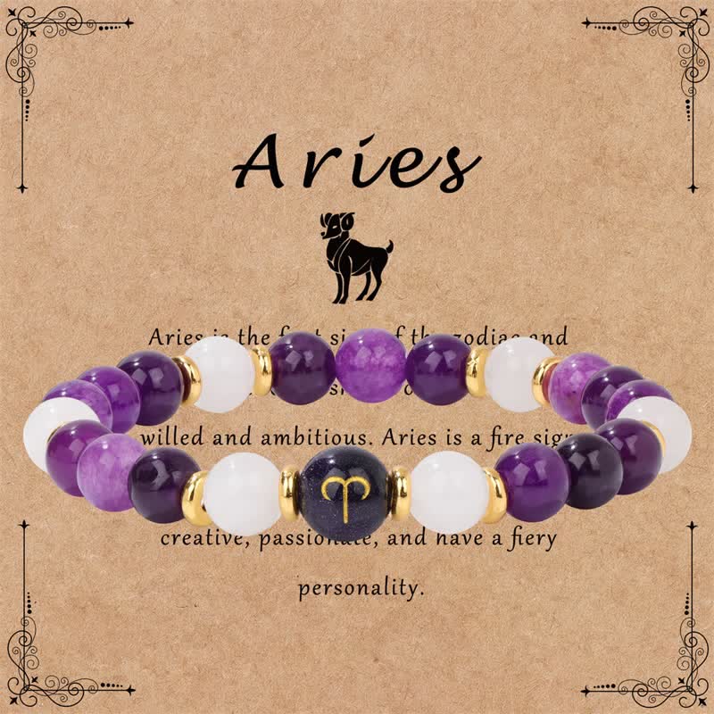 Pulsera de cuentas del zodíaco de piedra arenisca azul y cristal transparente de amatista de Olivenorma 