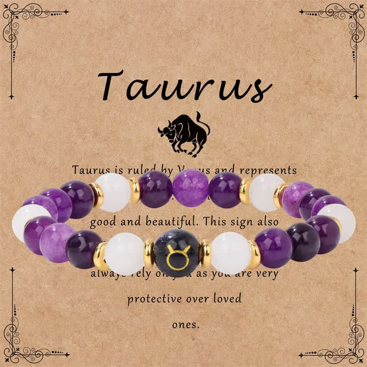Pulsera de cuentas del zodíaco de piedra arenisca azul y cristal transparente de amatista de Olivenorma 