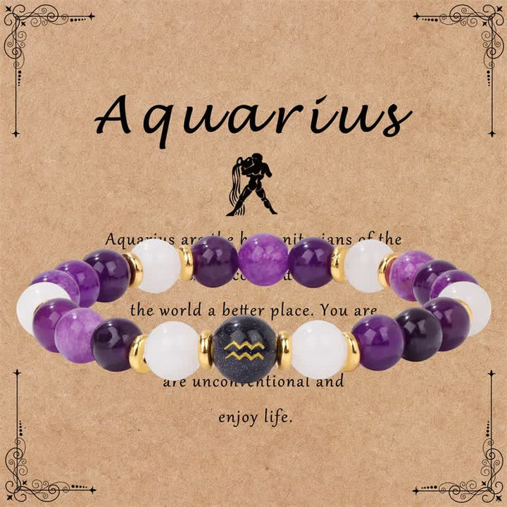 Pulsera de cuentas del zodíaco de piedra arenisca azul y cristal transparente de amatista de Olivenorma 