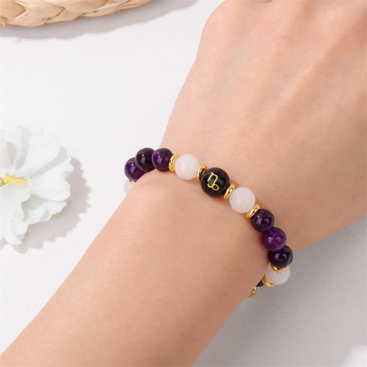 Pulsera de cuentas del zodíaco de piedra arenisca azul y cristal transparente de amatista de Olivenorma 
