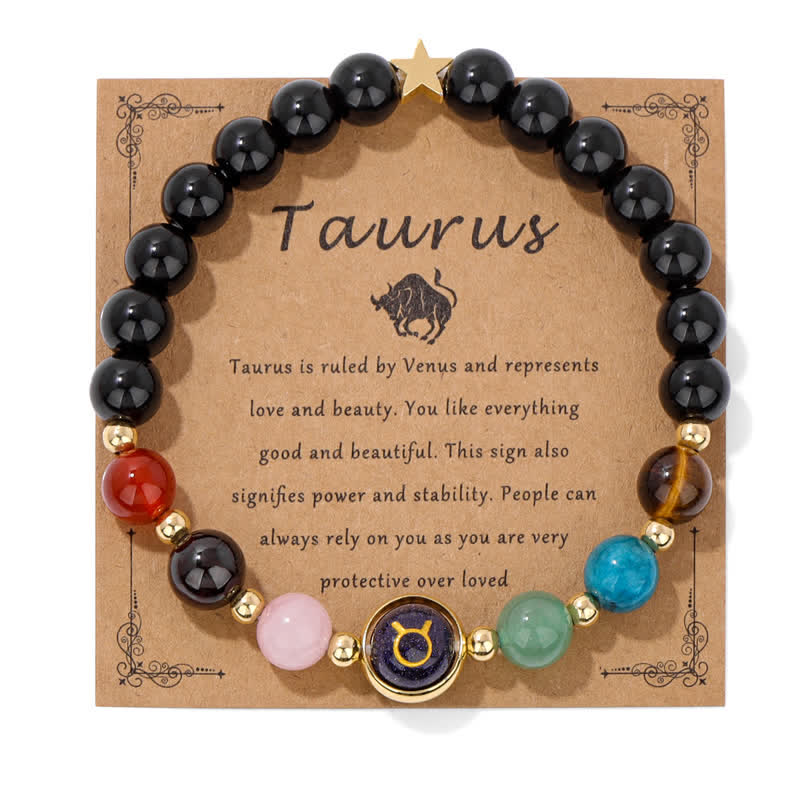 Pulsera con cuentas del zodiaco de piedra arenisca azul y ónix negro de Olivenorma 