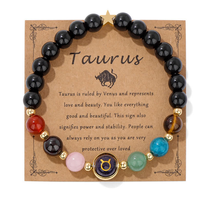 Pulsera con cuentas del zodiaco de piedra arenisca azul y ónix negro de Olivenorma 