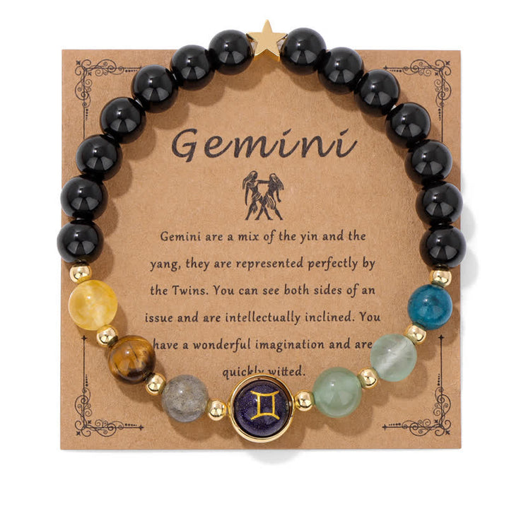 Pulsera con cuentas del zodiaco de piedra arenisca azul y ónix negro de Olivenorma 