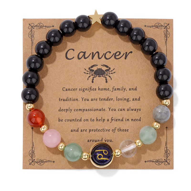 Pulsera con cuentas del zodiaco de piedra arenisca azul y ónix negro de Olivenorma 