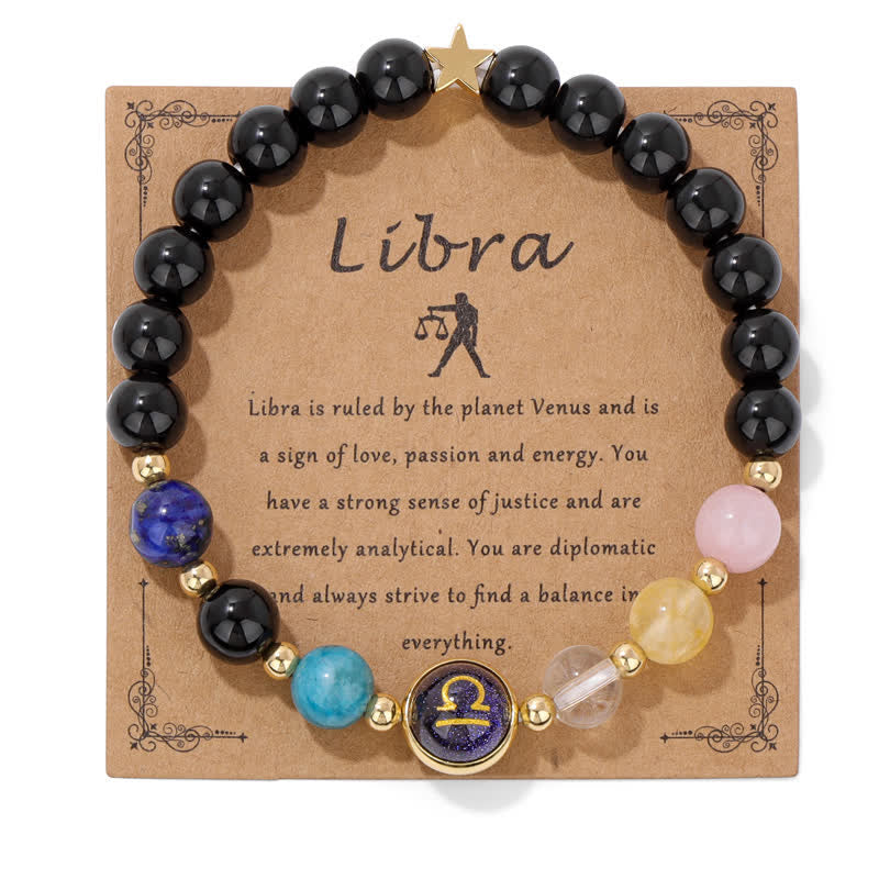 Pulsera con cuentas del zodiaco de piedra arenisca azul y ónix negro de Olivenorma 