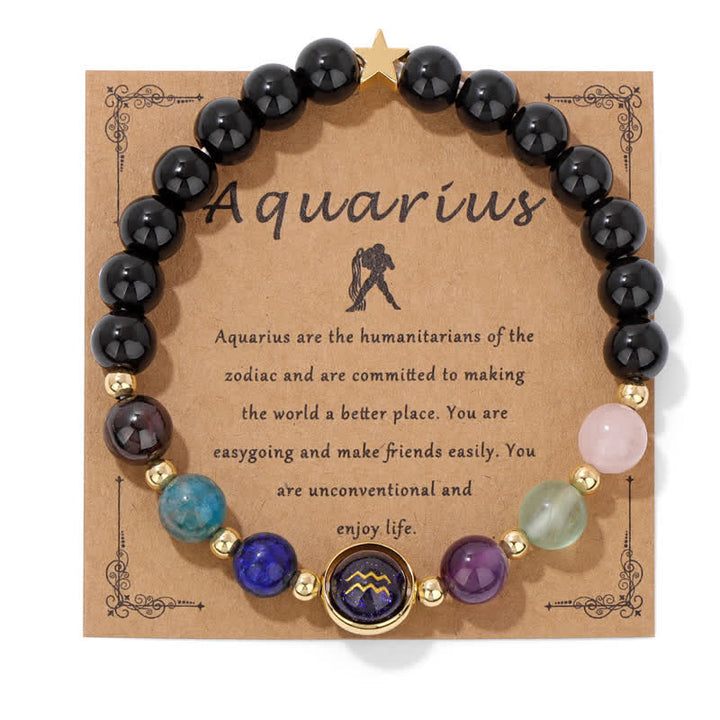 Pulsera con cuentas del zodiaco de piedra arenisca azul y ónix negro de Olivenorma 