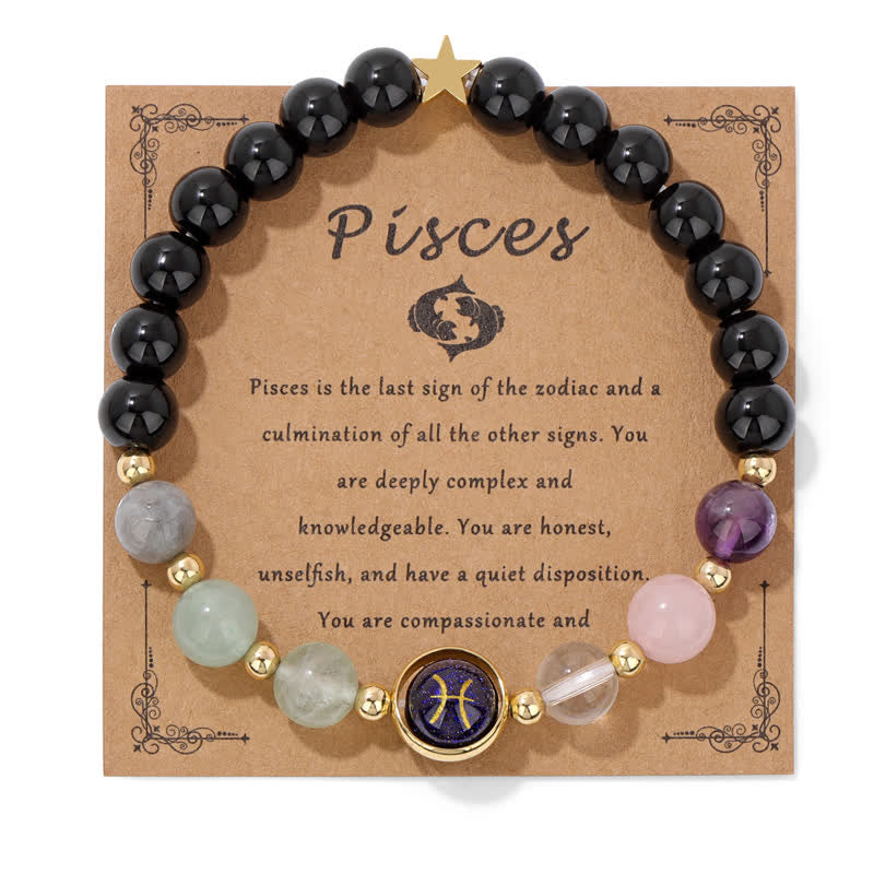 Pulsera con cuentas del zodiaco de piedra arenisca azul y ónix negro de Olivenorma 