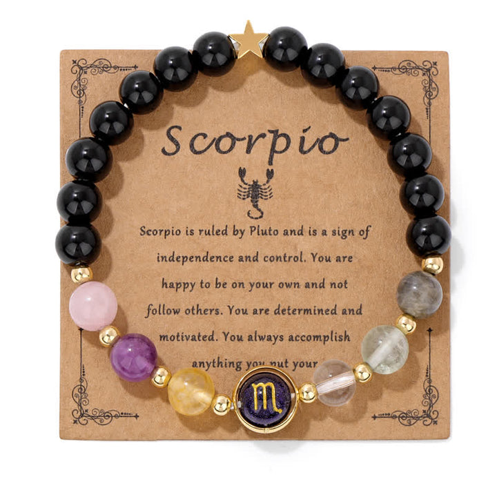 Pulsera con cuentas del zodiaco de piedra arenisca azul y ónix negro de Olivenorma 