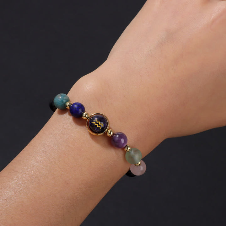 Pulsera con cuentas del zodiaco de piedra arenisca azul y ónix negro de Olivenorma 