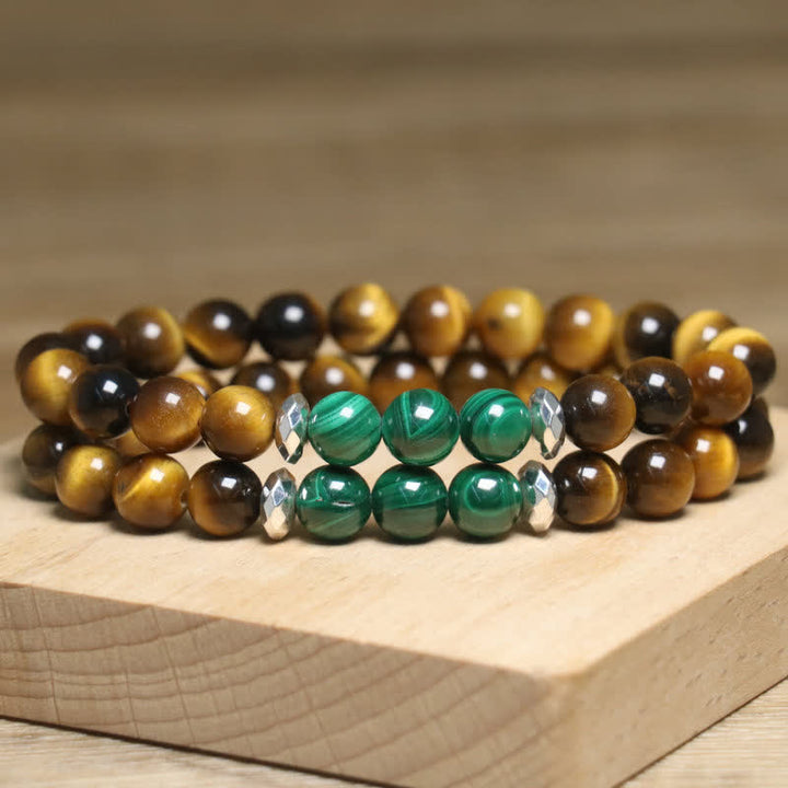 Pulsera de cuentas de malaquita y ojo de tigre natural de Olivenorma 