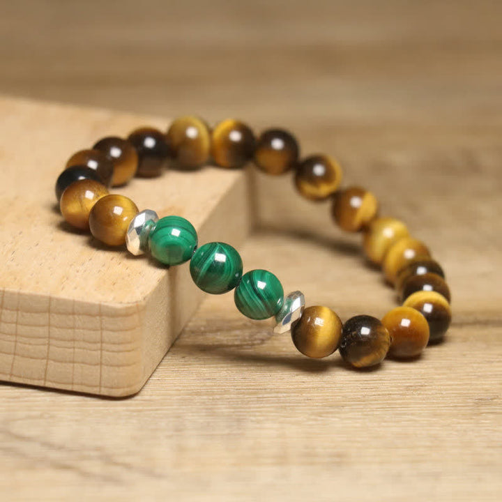 Pulsera de cuentas de malaquita y ojo de tigre natural de Olivenorma 