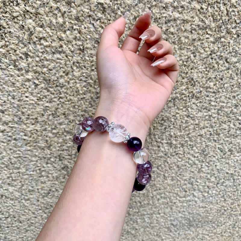 Pulsera de cuentas de cristal transparente de amatista de 10 mm de Olivenorma 