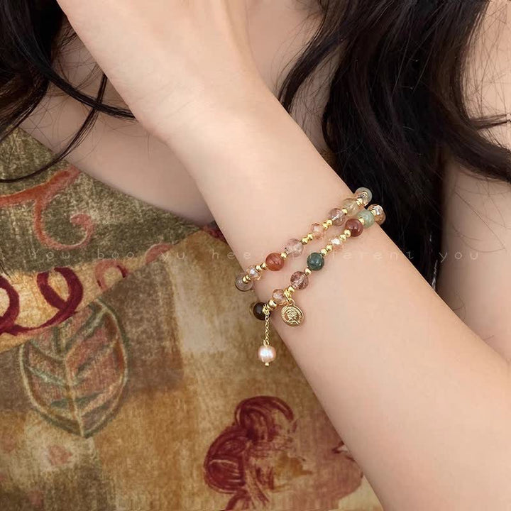 Pulsera doble de perlas de agua dulce con cuentas de cristal natural de Olivenorma 