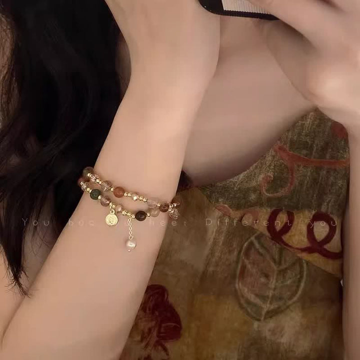 Pulsera doble de perlas de agua dulce con cuentas de cristal natural de Olivenorma 