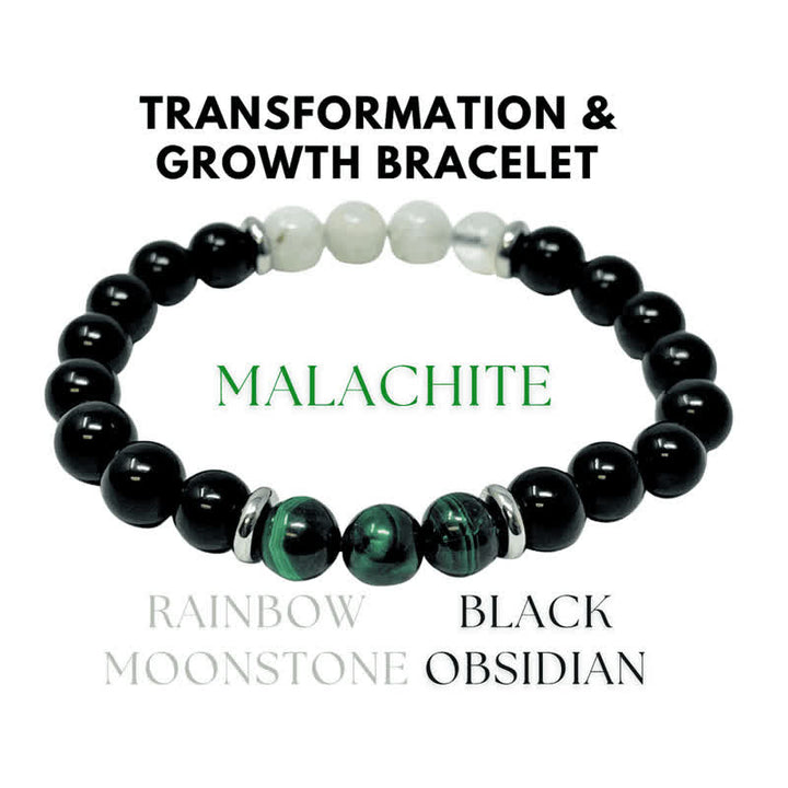 Pulsera de cuentas de piedra lunar, malaquita y obsidiana de Olivenorma 
